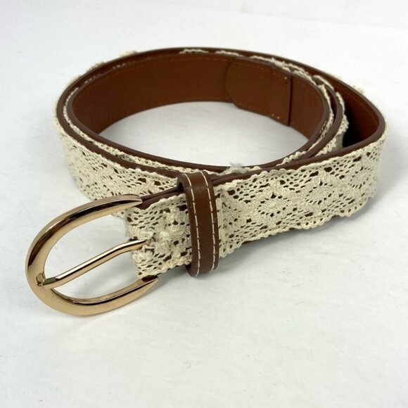 Ardene Bohemian Faux Leather Crochet‎ Lace Belt Brown Size Medium Boho White - Picture 8 of 8